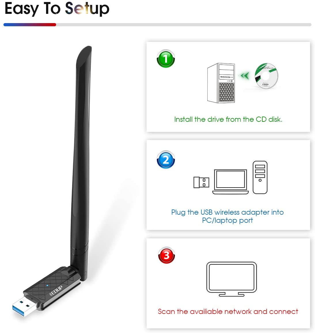 EDUP USB 3.0 WiFi Adapter 1300Mbps Dual Band Wireless Network Adapter 802.11 AC 6dBi Antenna for Desktop PC Wi-Fi Dongle Compatible Windows 10/7 /8/8.1 /XP Mac OS X 10.6-10.15