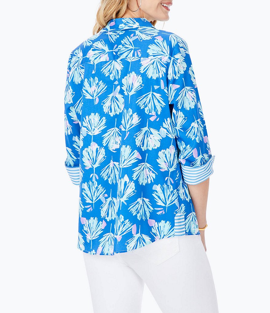 Foxcroft Collar V-Neck Pressed Floral Print 3/4 Roll Tab Sleeve Blouse