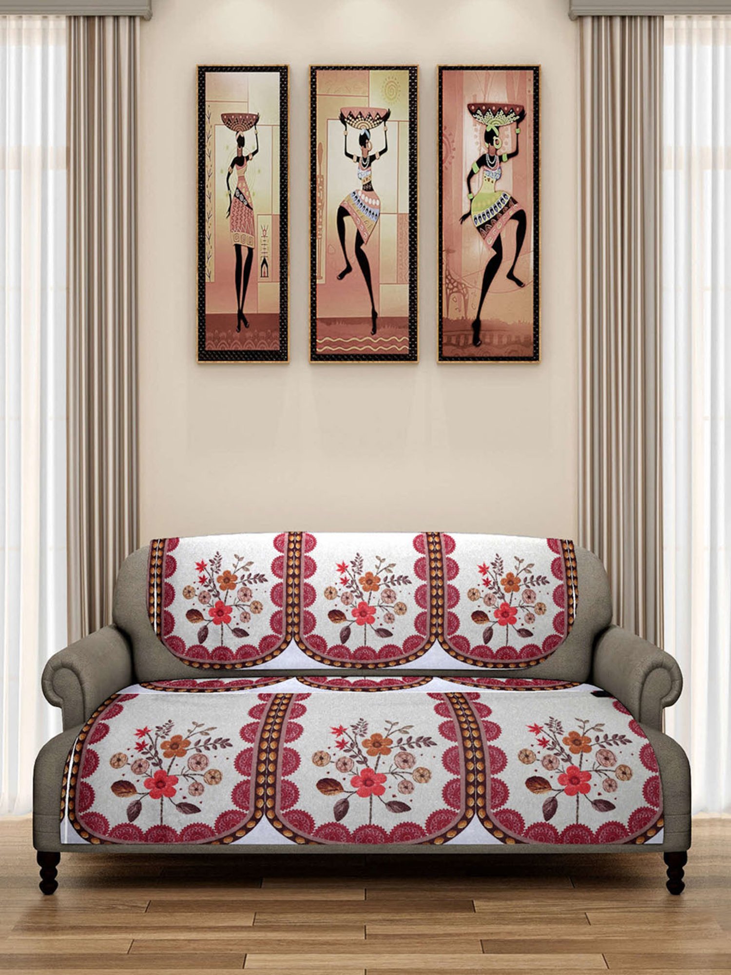 Romee Beige Polyester Floral Sofa Covers