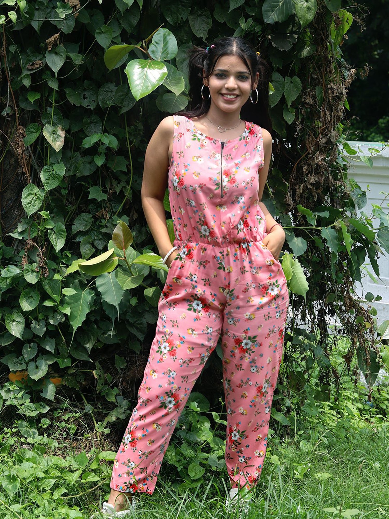 TeenTrums Girls Pink Floral Print Jumpsuit
