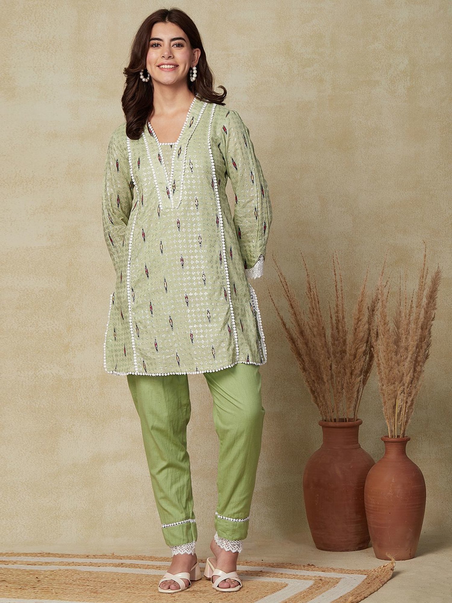 Fashor Green Cotton Printed Kurti Pant Set