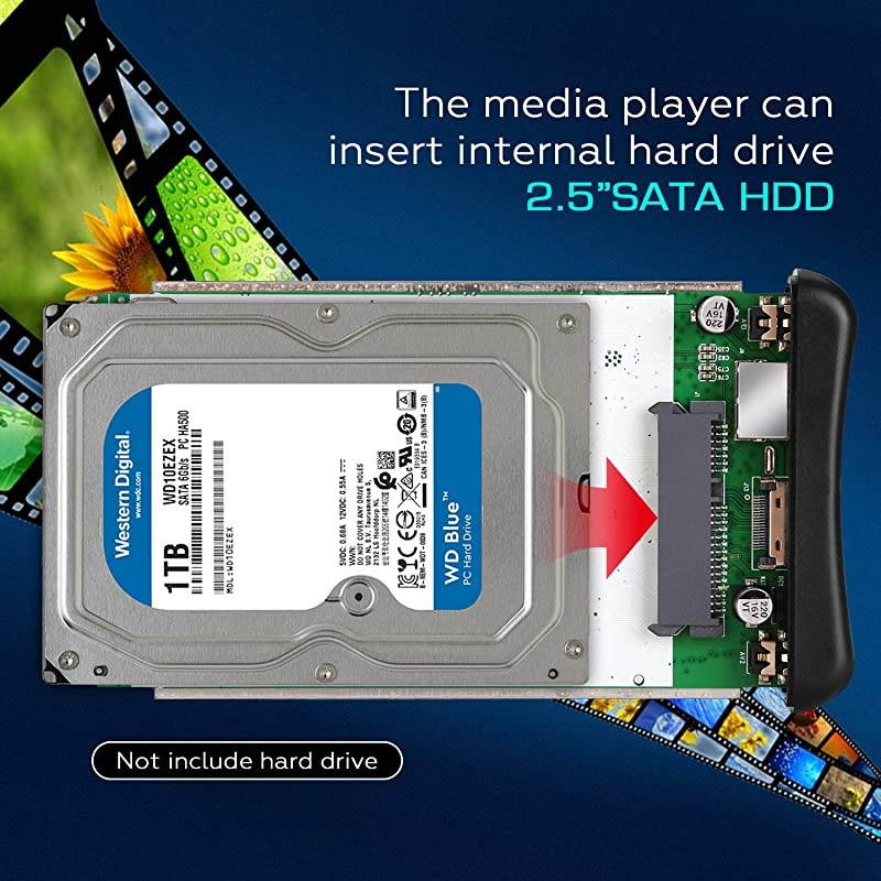 USB3.0 HDMI Media Player Support 2.5" SATA HDD with HDMI/AV/Coaxial Output, Portable MP4 Player for Videos / Music / Photos from USB Drive / SD Card / Internal or External HDD