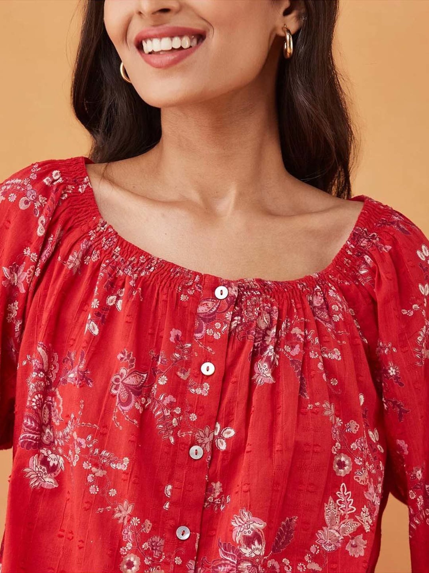 Fabindia Red Cotton Floral Print Top