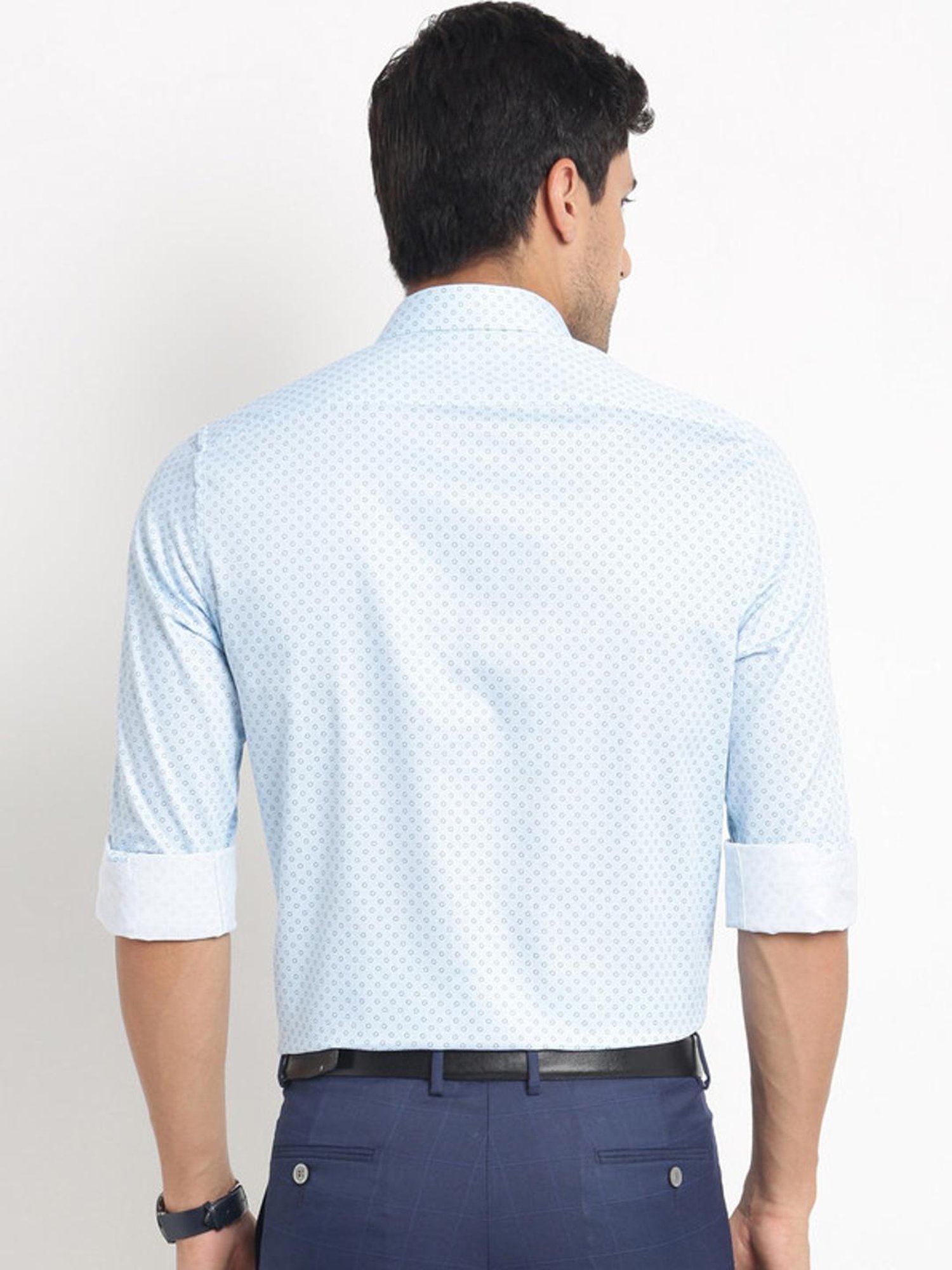 Turtle Light Blue Cotton Slim Fit Printed Shirt