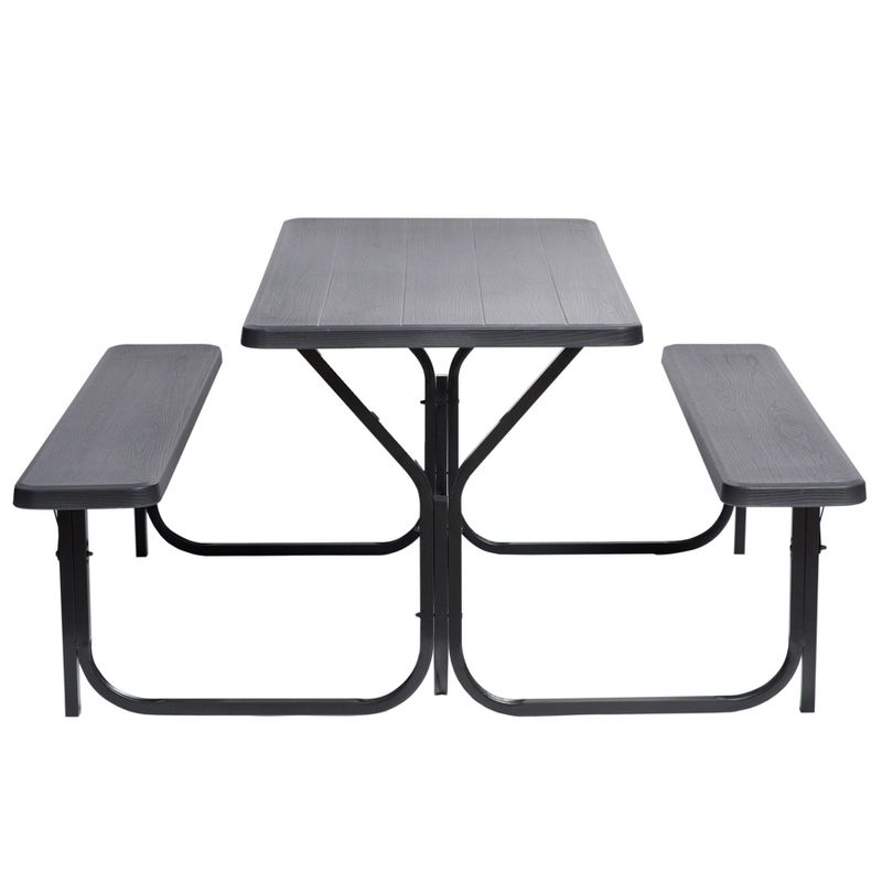 Gardenised Outdoor Woodgrain Picnic Table Set with Metal Frame, Gray
