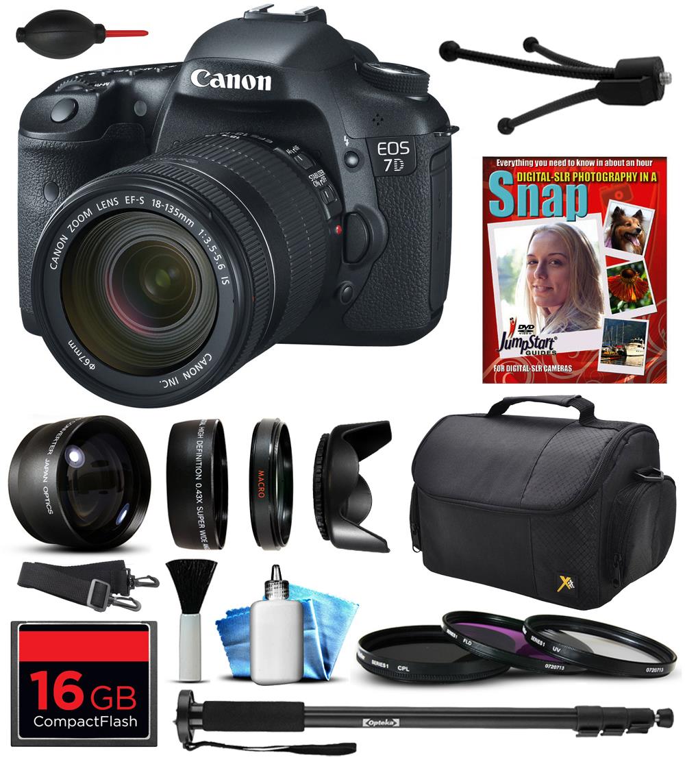 Canon EOS 7D Digital SLR Camera with EF-S 18-135mm IS Lens, 16GB SD Card, 72" Monopod, 2.2x Telephoto Lens, Air Cleaner Blower, Carrying Case, 10pcs Cleaning Kit and Accessory Bundle