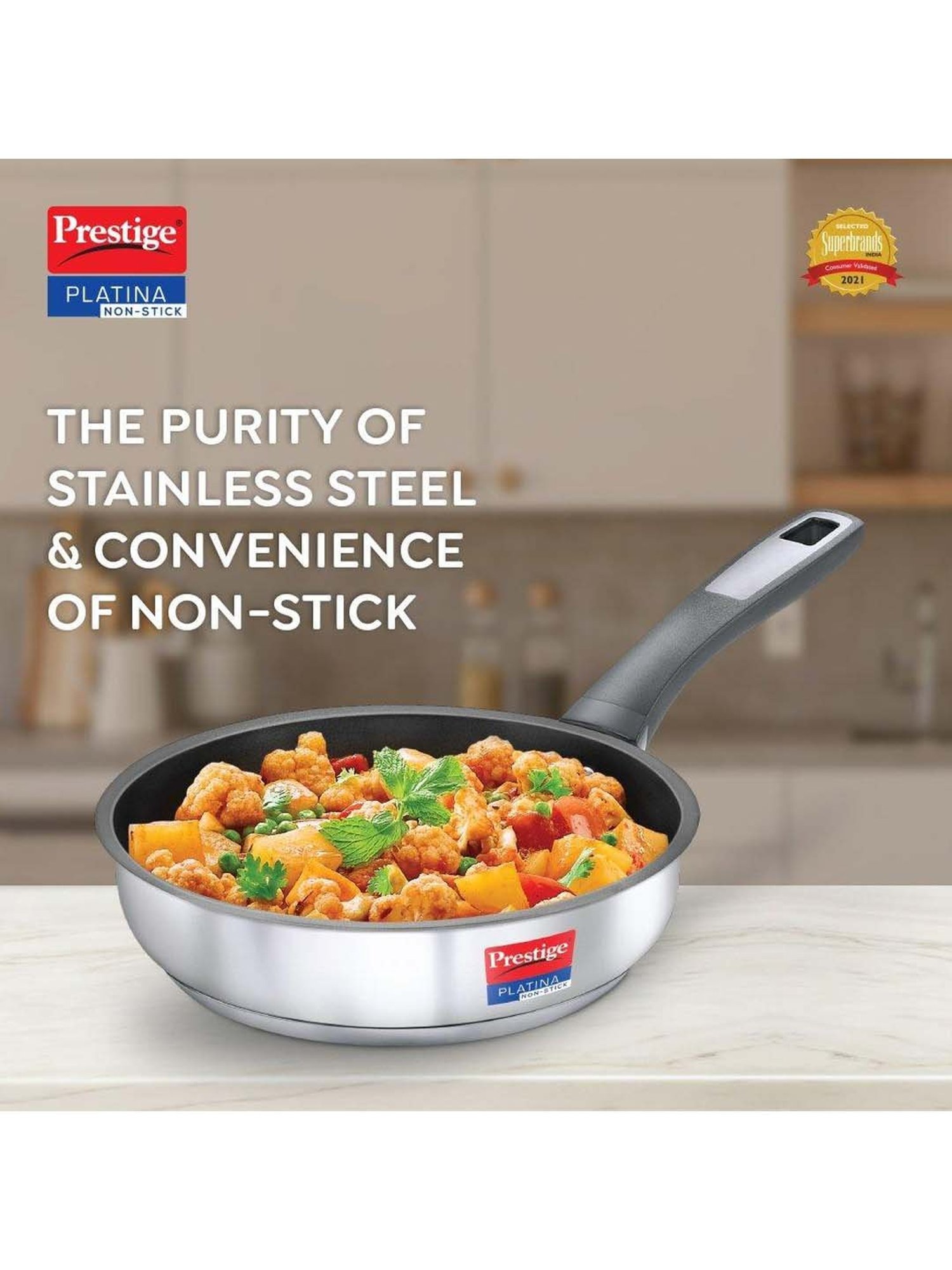 Prestige Silver & Black Stainless Steel 22 cm Non-Stick Platina Fry Pan (1.25 L) - Set of 1