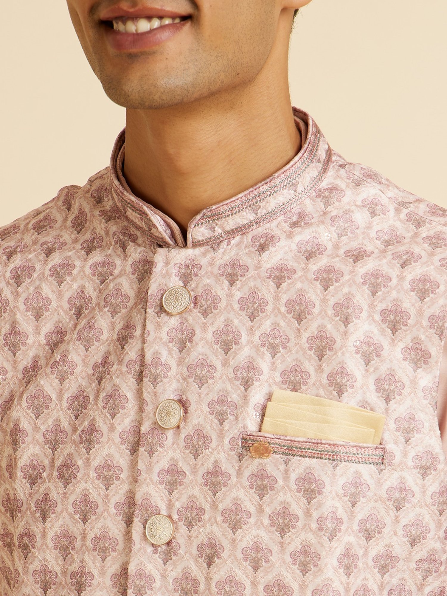 Manyavar Peach Regular Fit Floral Print Nehru Jacket