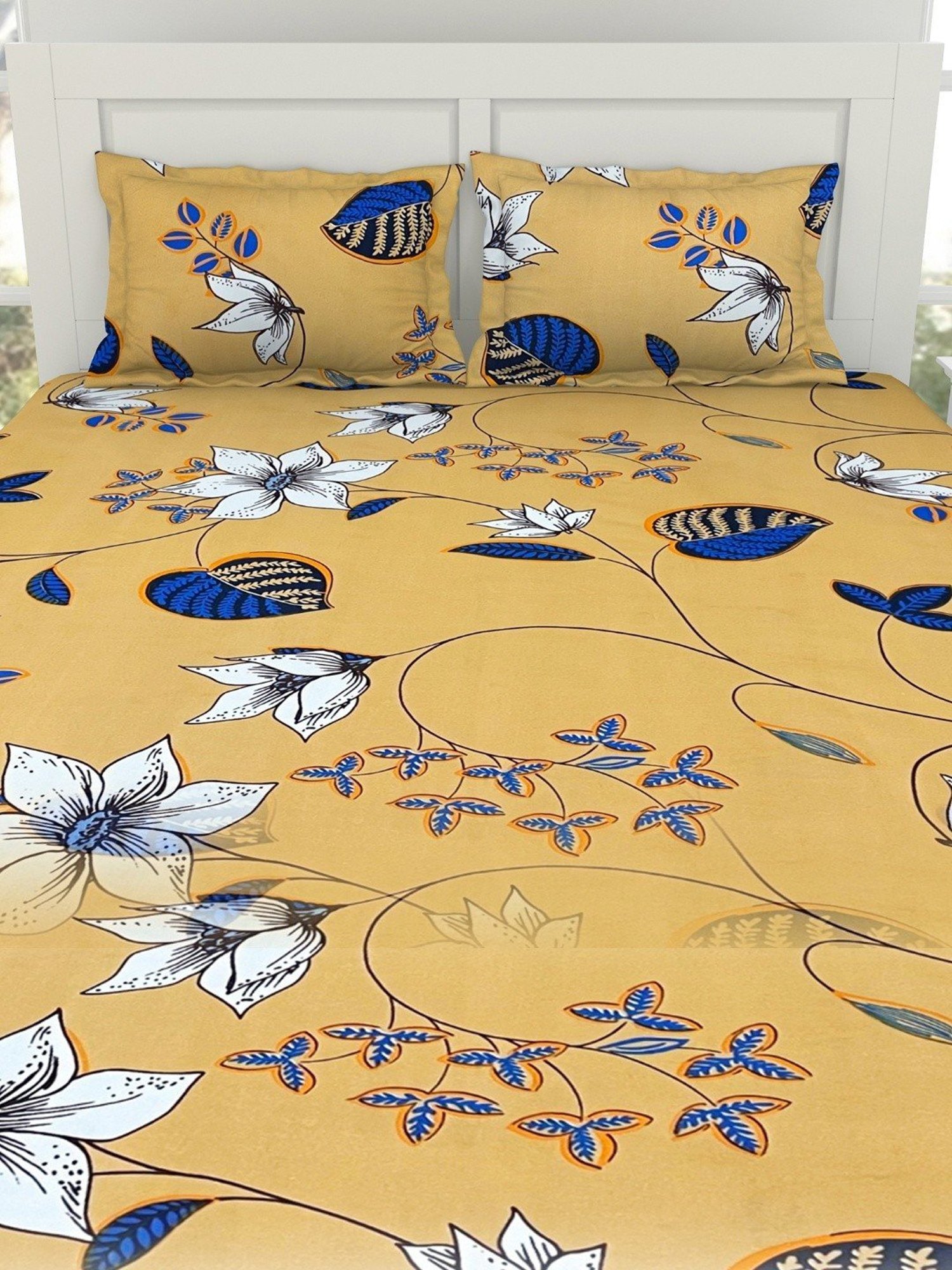 Welspun Printed Yellow Microfiber Double Bedsheet with 2 Pillow Covers