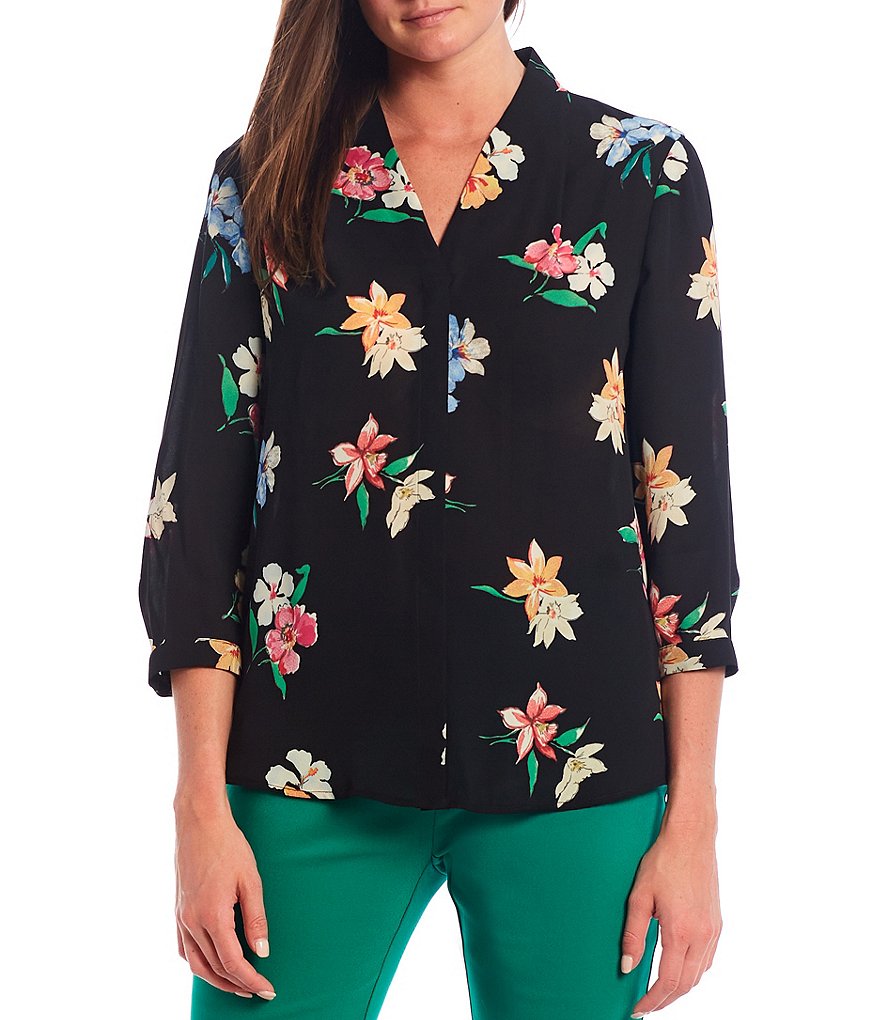 Ali Miles Petite Size Long Roll-Tab Sleeve Round V-Neck Pucker Knit Asymmetrical Tunic