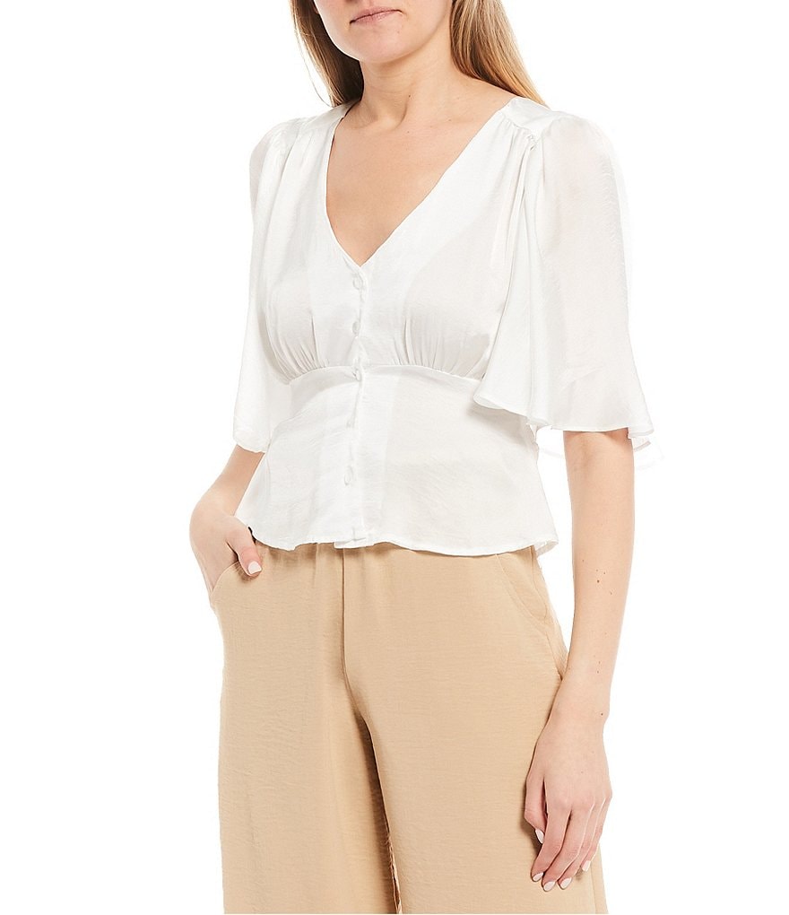 Evolutionary Satin Wash Button Front Peplum Top