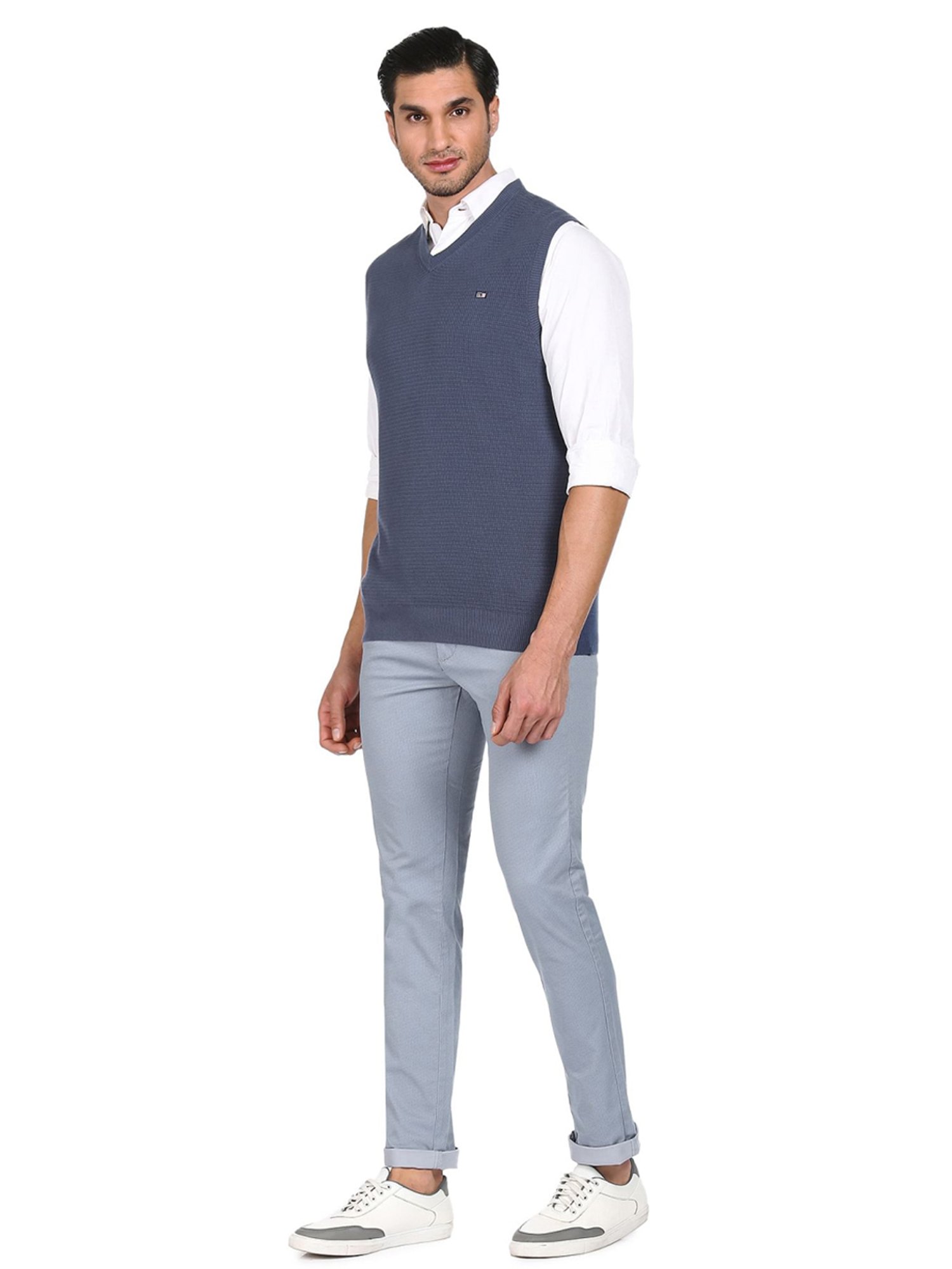 Arrow Sport Blue Cotton Regular Fit Self Pattern Sweaters