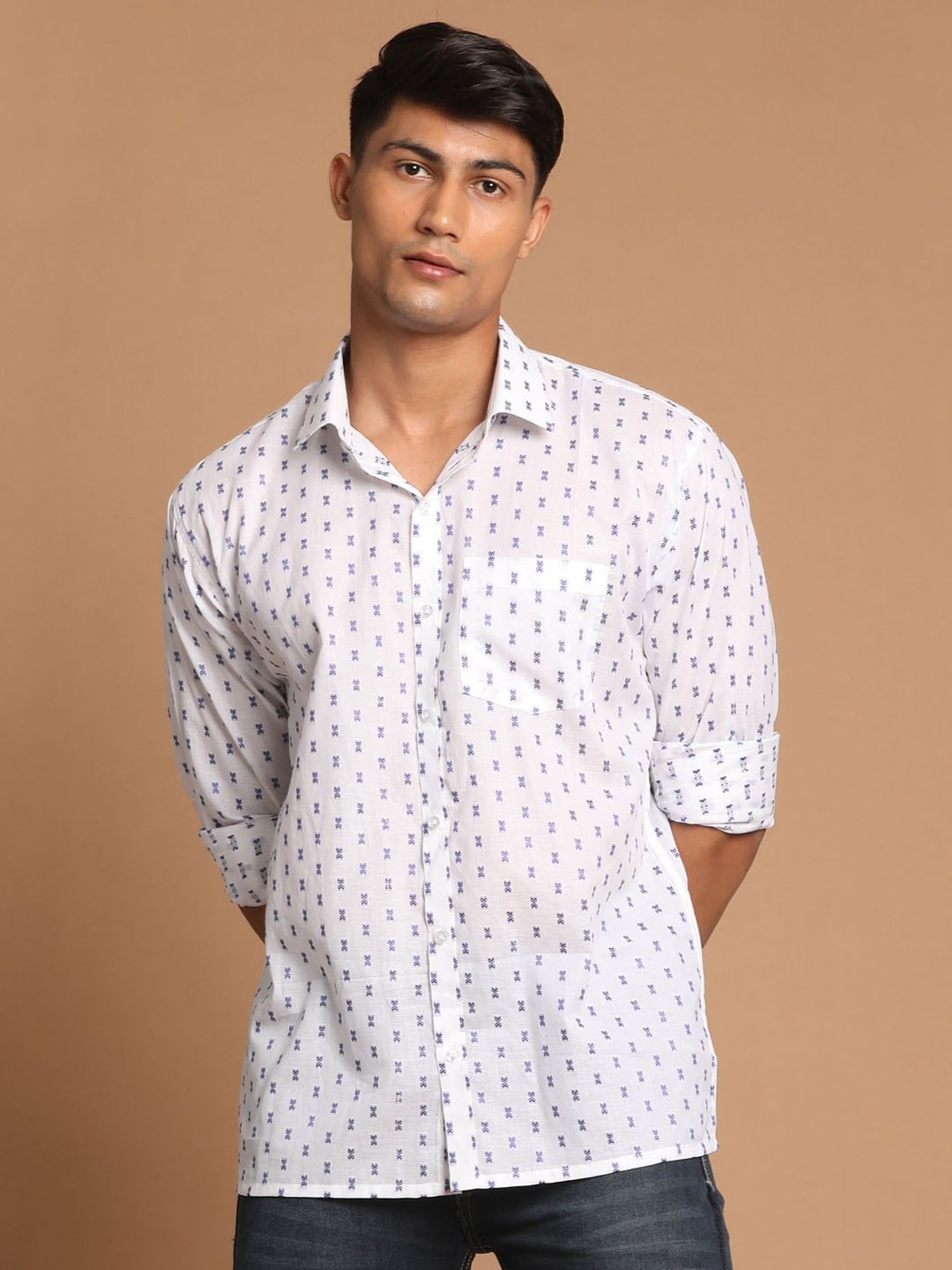 VASTRAMAY Sky Blue Regular Fit Self Design Shirt