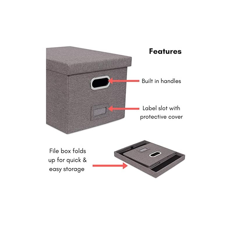Collapsible File Storage Organizer with Lid - Decorative Linen Filing & Storage Office Box &ndash; Hanging Letter/Legal Folder &ndash; Home Office Bins Cabinet &ndash; Grey Container - 2 Pack