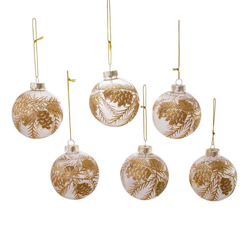Kurt Adler 80MM Clear with Gold Pinecones Glass Ball Ornaments, 6-Piece Set