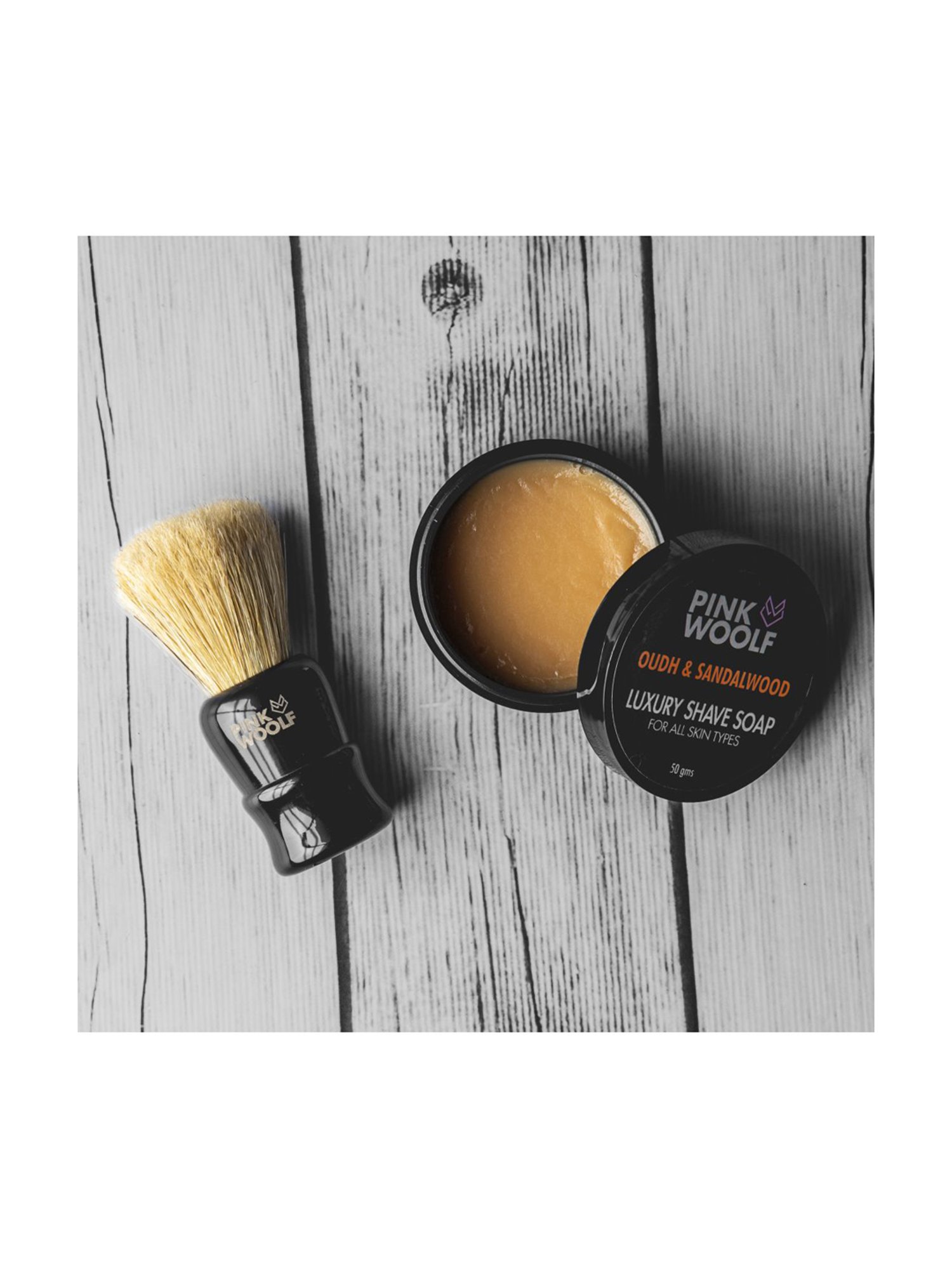 Pink Woolf Boar Hair Shaving Brush & Shaving Soap Combo Oudh & Sandalwood