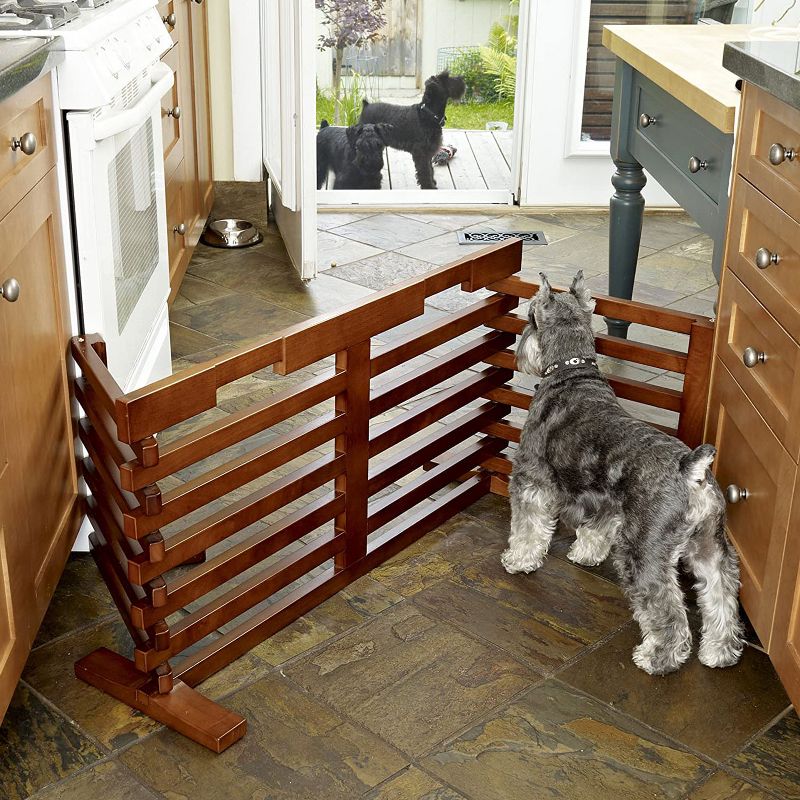 Merry Products 3 Sided Hardwood Acacia 6 Foot Extending Freestanding Adjustable Indoor Dog Gate-N-Crate Enclosure for Small to Medium Pets, Walnut