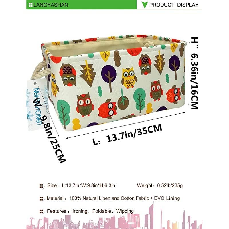 Rectangular Storage Bin Collapse Canvas Fabric Cartoon Storage Basket with Handles for Organizing Home Kitchen Boys and Girls Toys Office Closet Shelf Baskets (Owl)