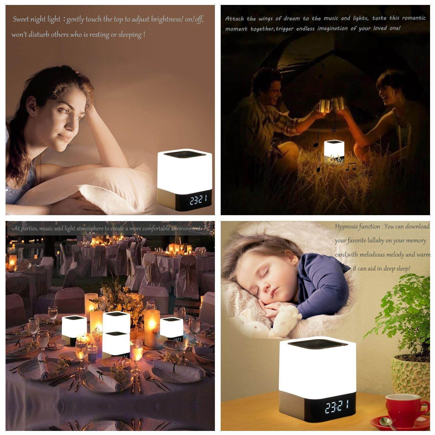 Alarm Clock Bluetooth Speaker,Night Light Bluetooth Speaker,Color Changing Speaker,Touch Sensor Bedside Lamp Dimmable Warm Light,Night Light Wireless Speaker,Ideal for Kids,Party,Bedroom,Camping