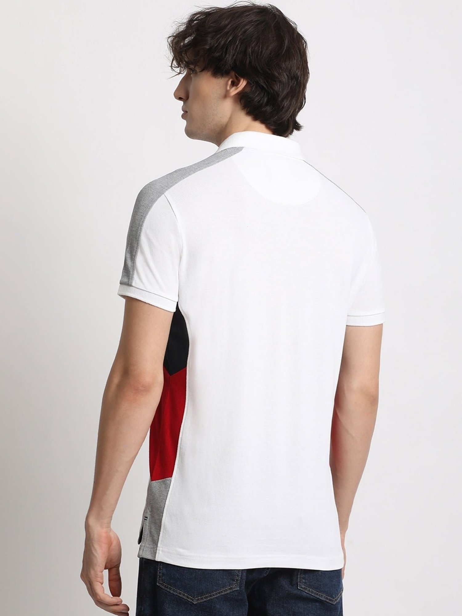 The Bear House White Cotton Slim Fit Colour Block Polo T-Shirt
