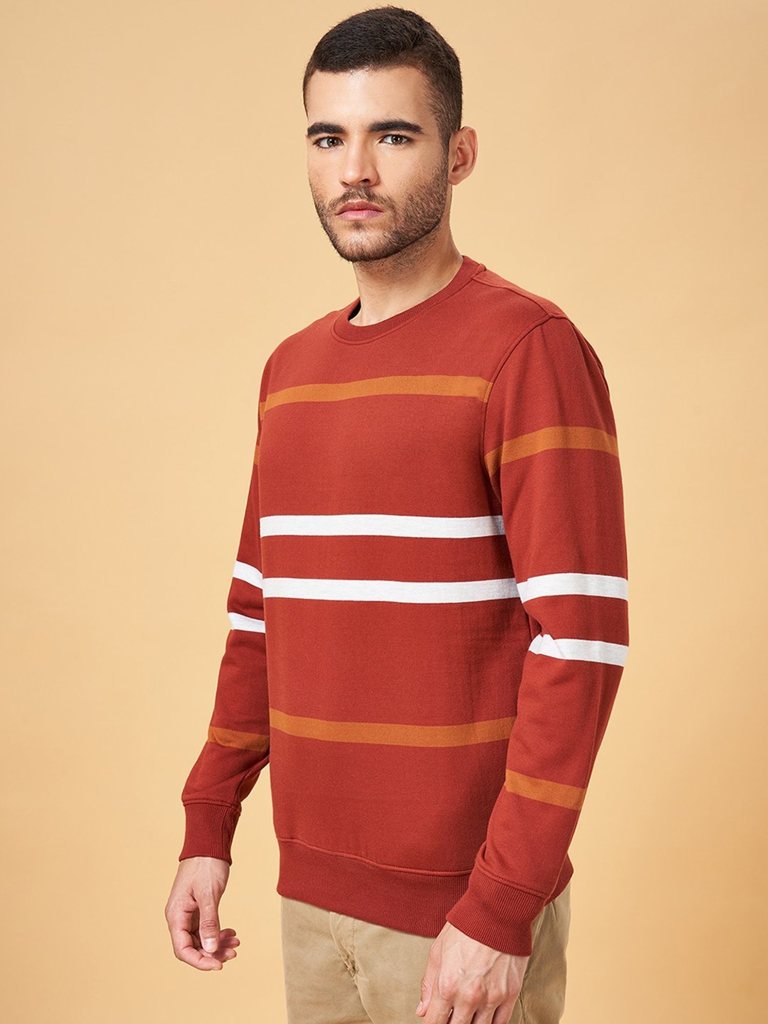 Urban Ranger by Pantaloons Mid Rust Regular Fit Striped Sweatshirt