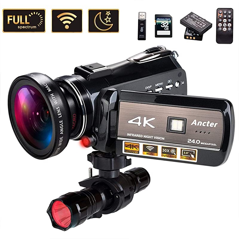 Wifi Full Spectrum Camcorders, Ultra HD Infrared Night Vision Paranormal Investigation Video Camera with 60fps 24MP 30X Digital Zoom - Ghost Hunting Camera(with 2 batteries, 32GB SD card included)