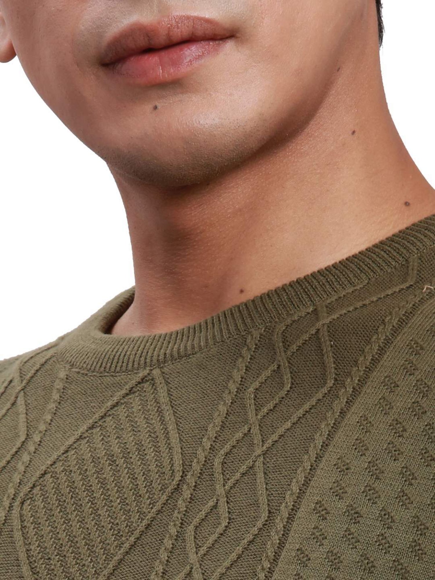 ColorPlus Green Pure Cotton Tailored Fit Self Pattern Sweater