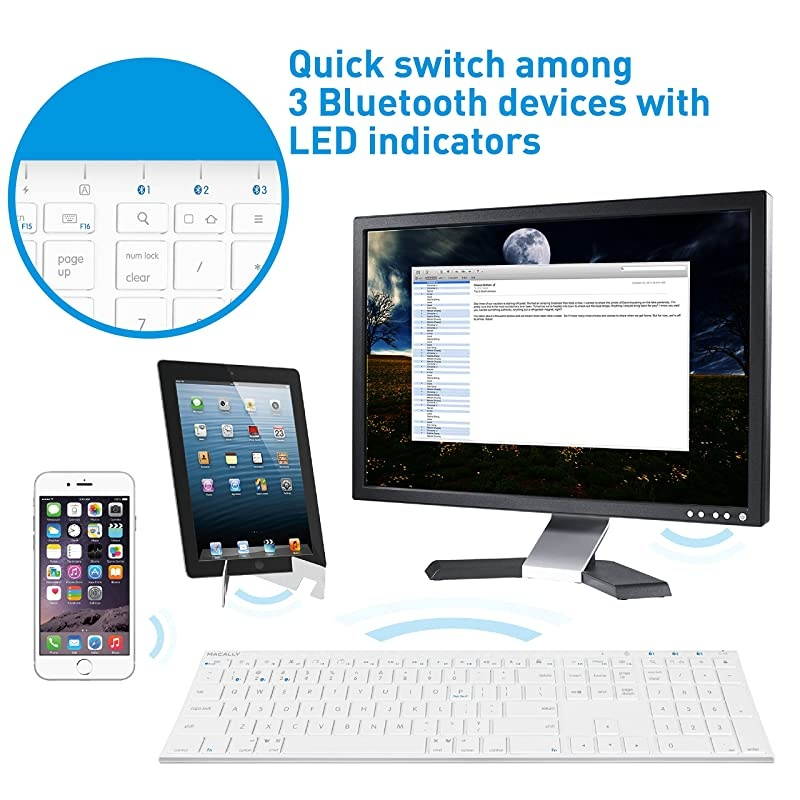 Wireless Bluetooth Keyboard for Mac or PC Multisync Connect up to 3 Devices Simultaneously Rechargeable Mac Wireless Keyboard with 110 Keys 20 Shortcuts and Numeric Keypad White