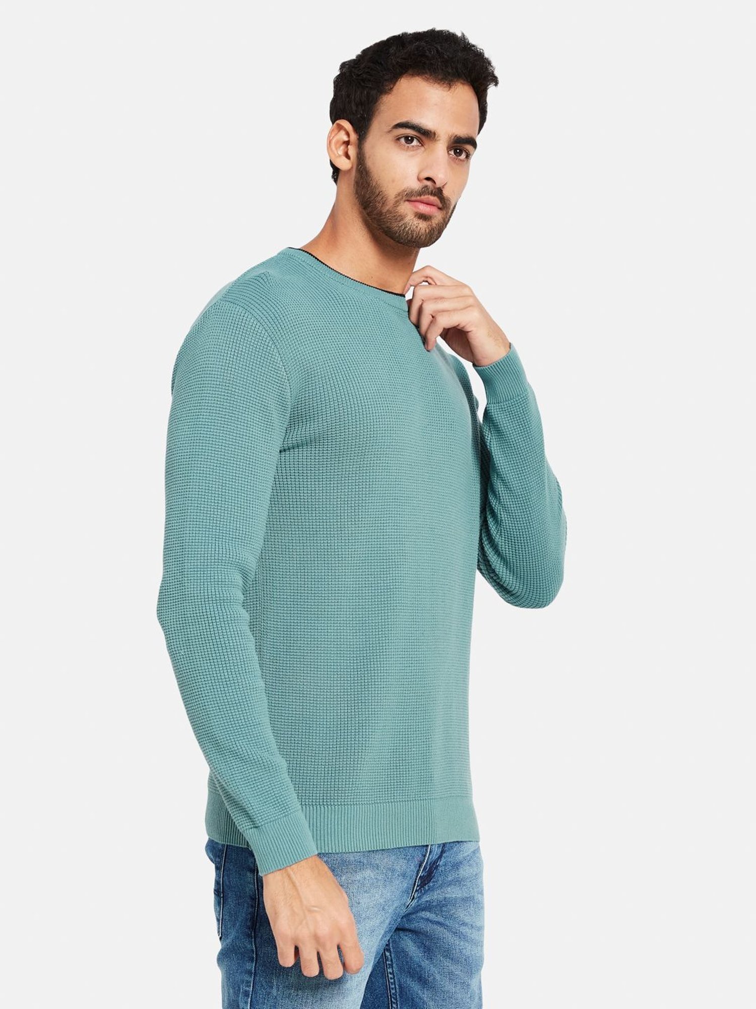 METTLE Nile Blue Cotton Regular Fit Sweater
