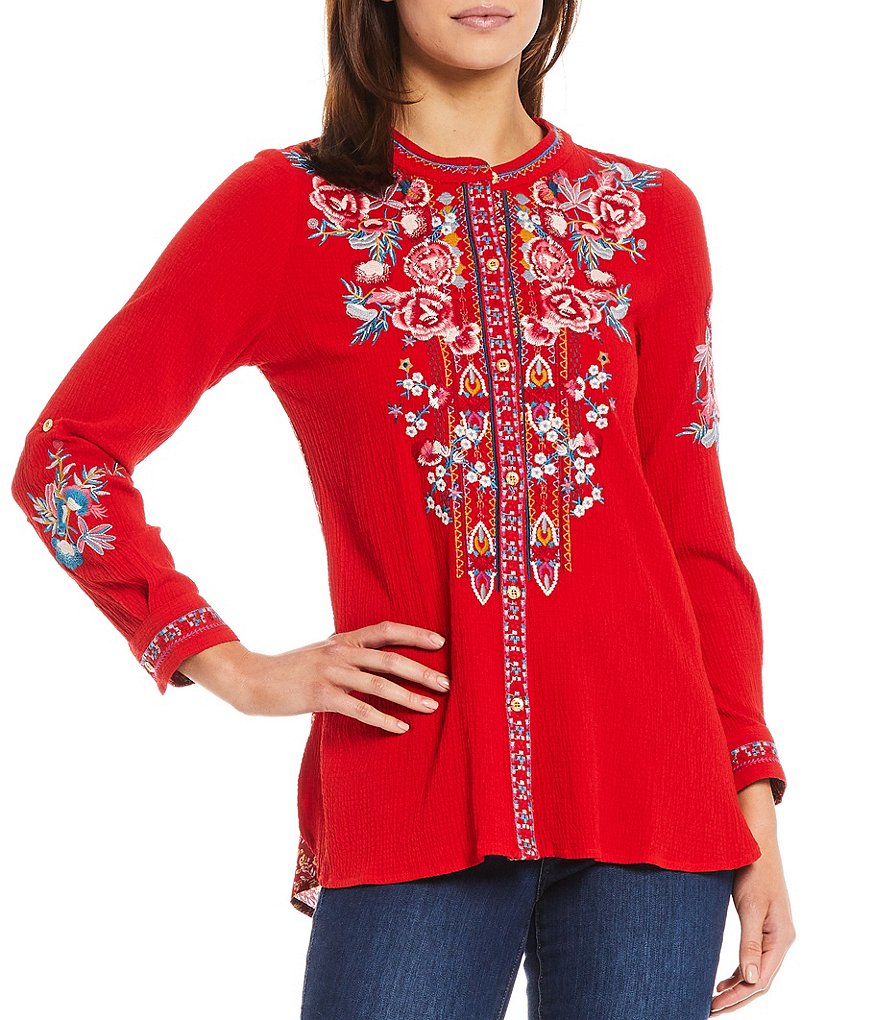 Calessa Mixed Media Floral Embroidery Contrast Back Button Front Tunic