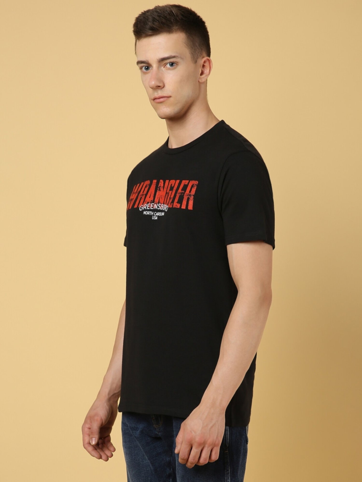 Wrangler Jet Black Cotton Regular Fit Printed T-Shirt
