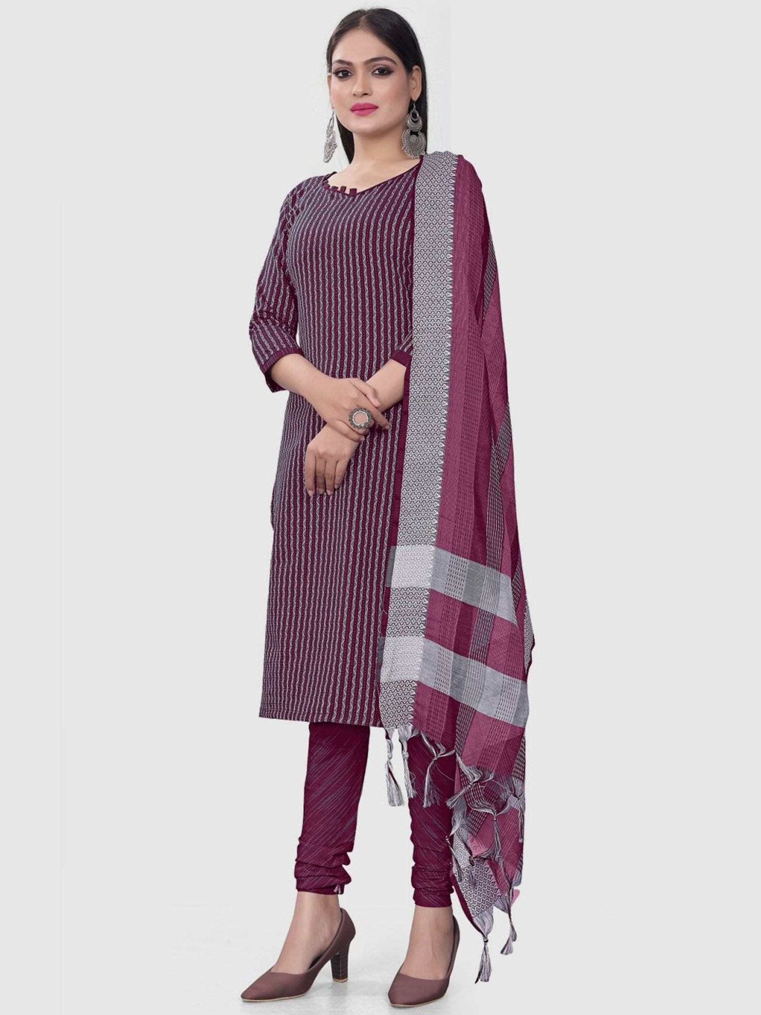 APNISHA Purple Cotton Striped Unstitched Dress Material