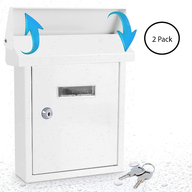 SereneLife SLMAB01 Home Indoor Outdoor Galvanized Steel Metal Wall Mount Locking Mailbox Newspaper Holder with View Window and Keys, White (2 Pack)