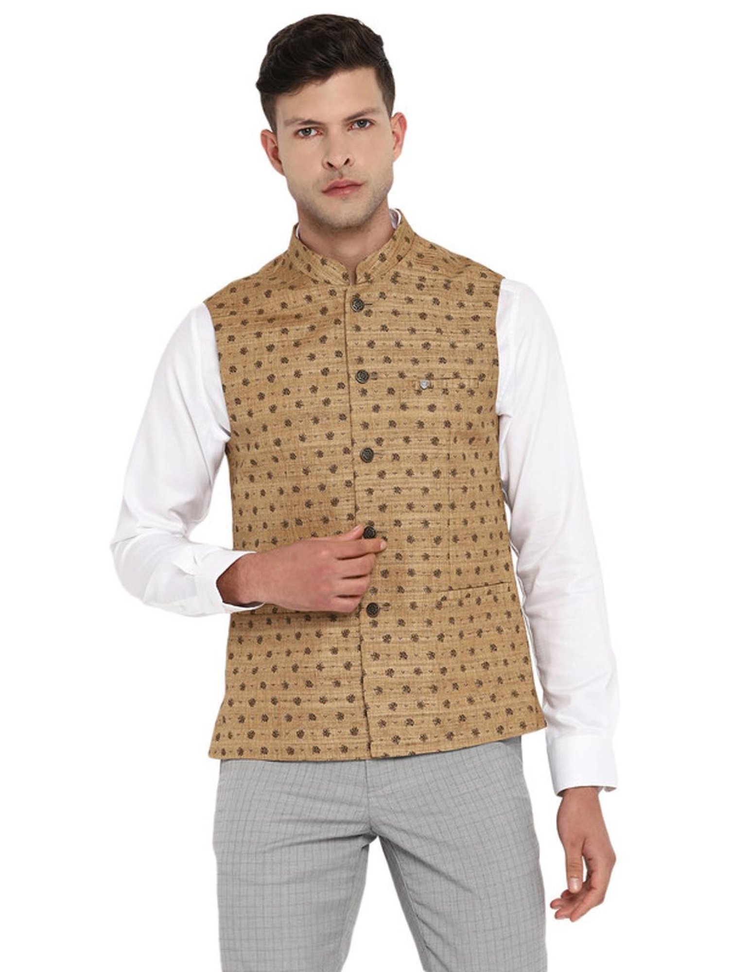 Turtle Beige Cotton Slim Fit Printed Nehru Jacket