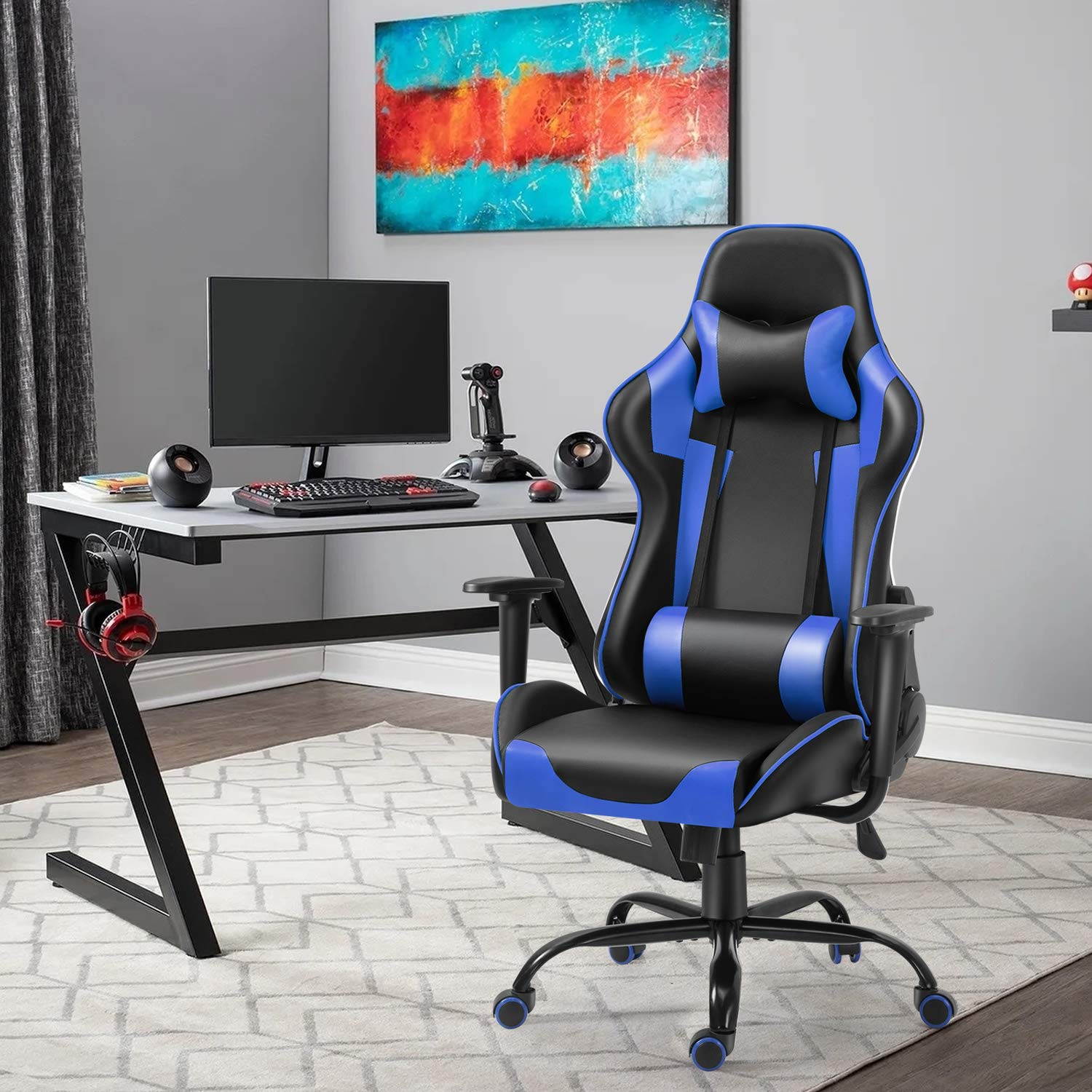 Gaming Chair Racing Gamer Chair Ergonomic Office Chair Home Office Computer Chair High Back PU Leather Chair with Lumbar Cushion and Headrest  Red