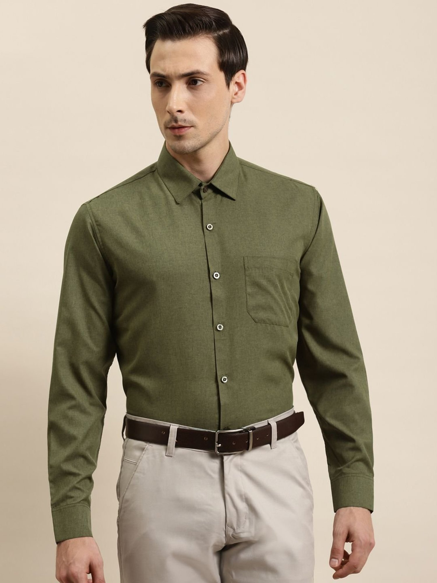 Sojanya Olive Green Cotton Regular Fit Self Pattern Shirt