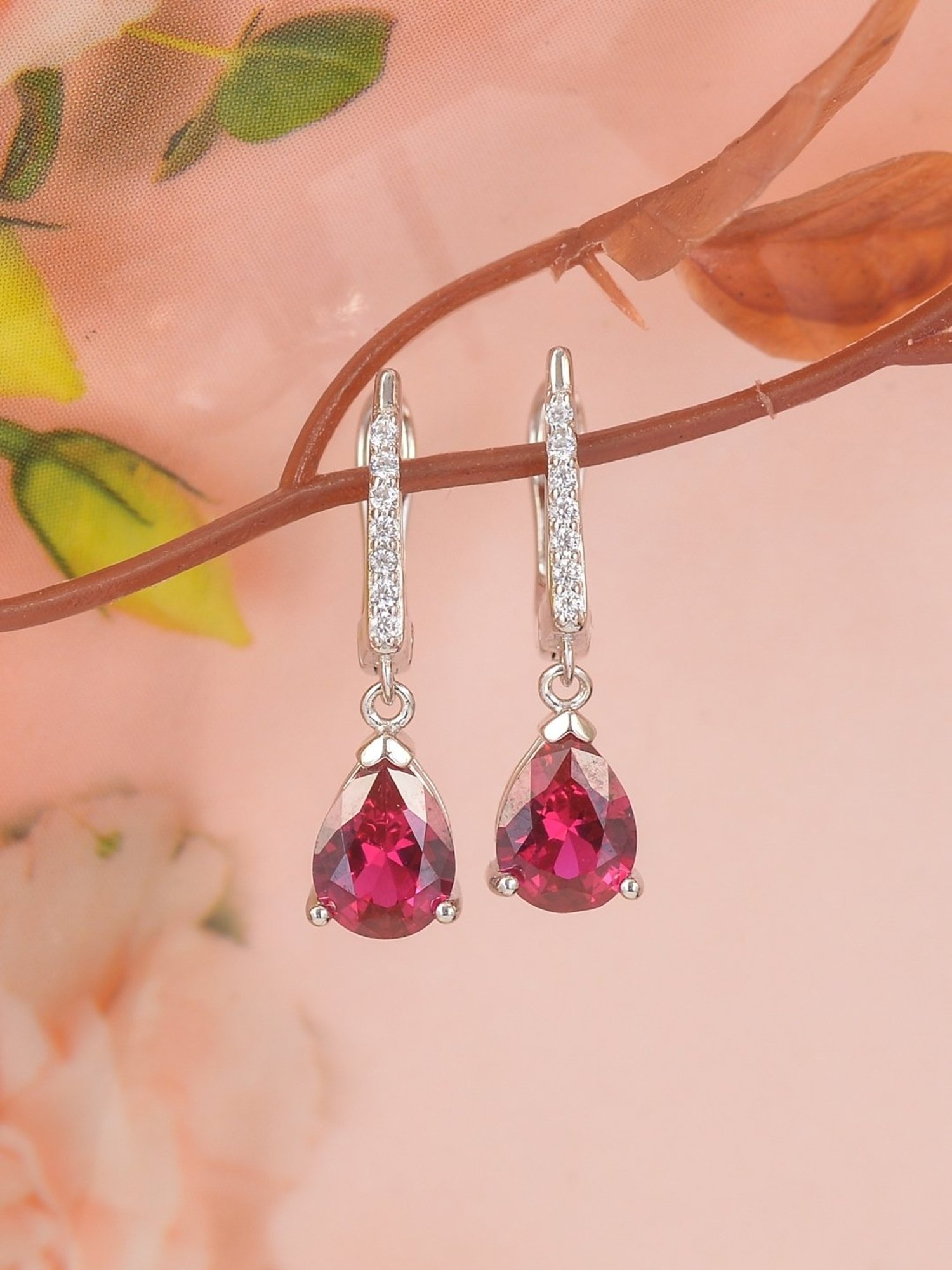 925 Silver Pear Red Ruby and American Diamond Dangler Earrings for Women & Girls