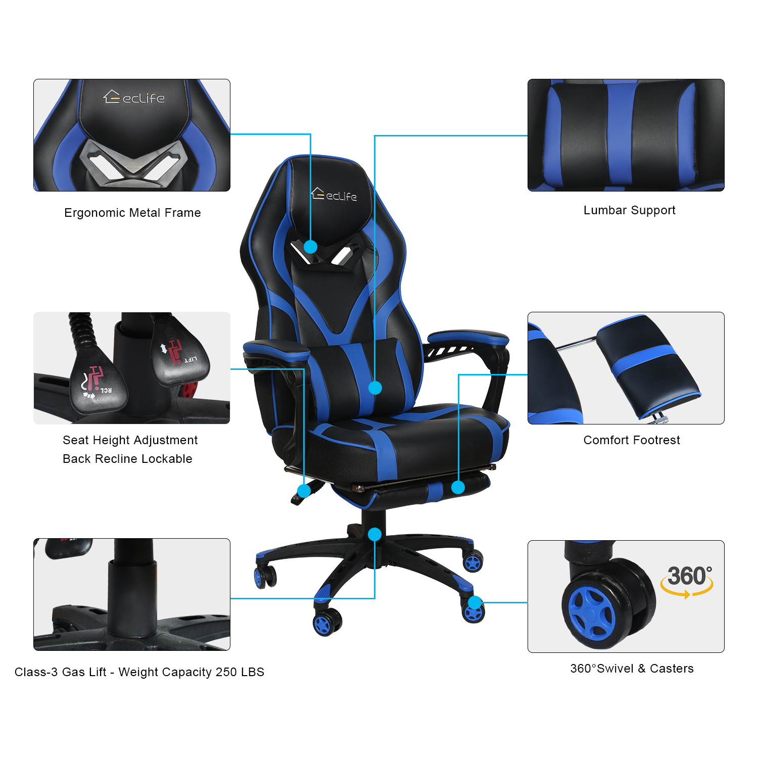 Eclife Gaming Chair Office Chair High Back Computer Chair Leather Desk Chair Ergonomic Adjustable Swivel Task Chair with Massage Lumbar Support and Footrest