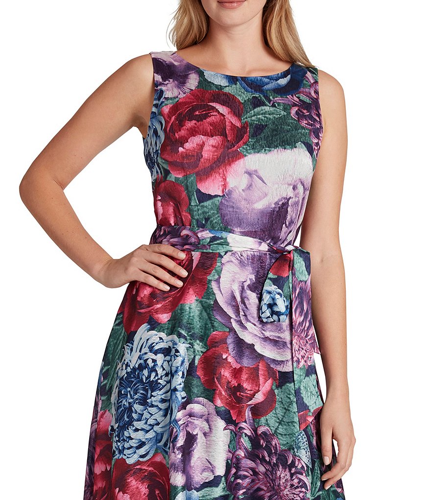 Tahari ASL Sleeveless Boat Neck Tie Waist Rose Gown