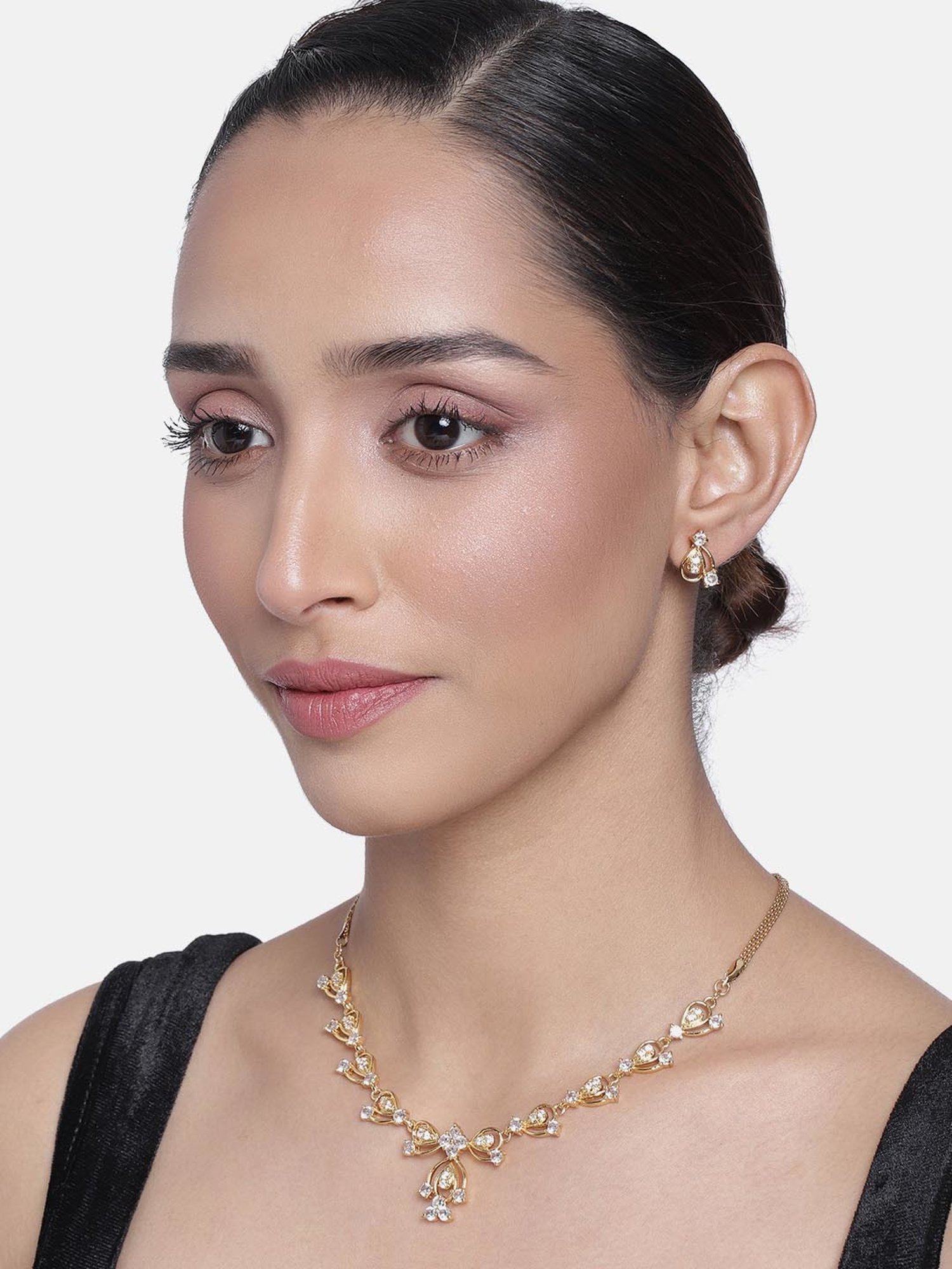 Estele Gold-Plated White CZ Bow Tie Continuity Necklace & Earring Set for Women