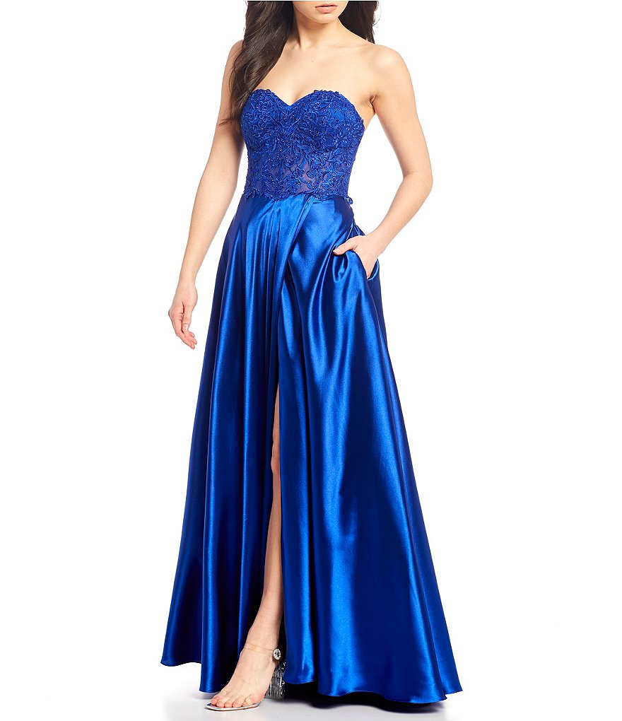 Blondie Nites Strapless Lace-Up Back Embroidered Corset Bodice Satin Ball Gown