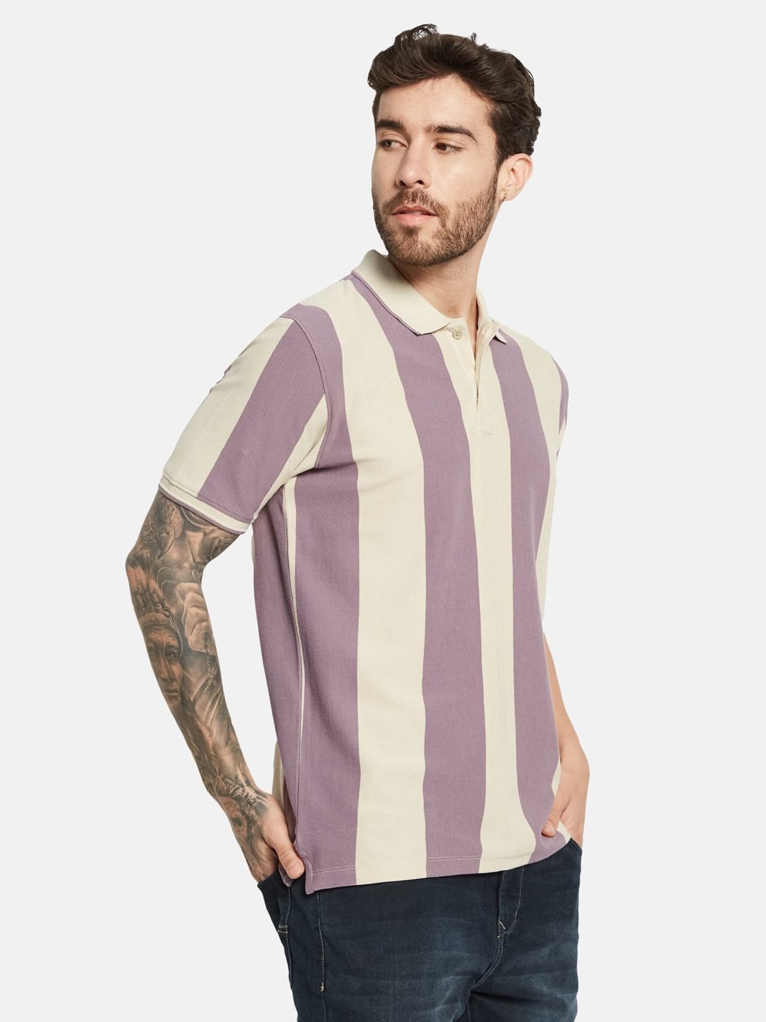 Octave Gravel Cotton Regular Fit Striped Polo T-Shirt
