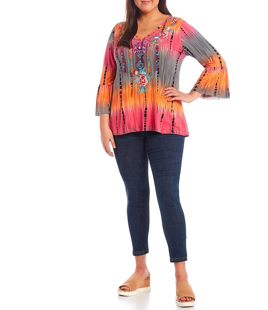 Calessa Plus Size Tie-Dye Floral Embroidery V-Neck 3/4 Bell Sleeve Tunic