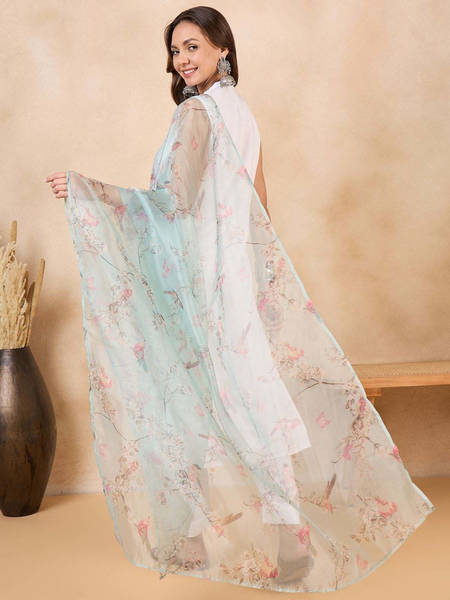 Inweave Green Floral Print Dupatta