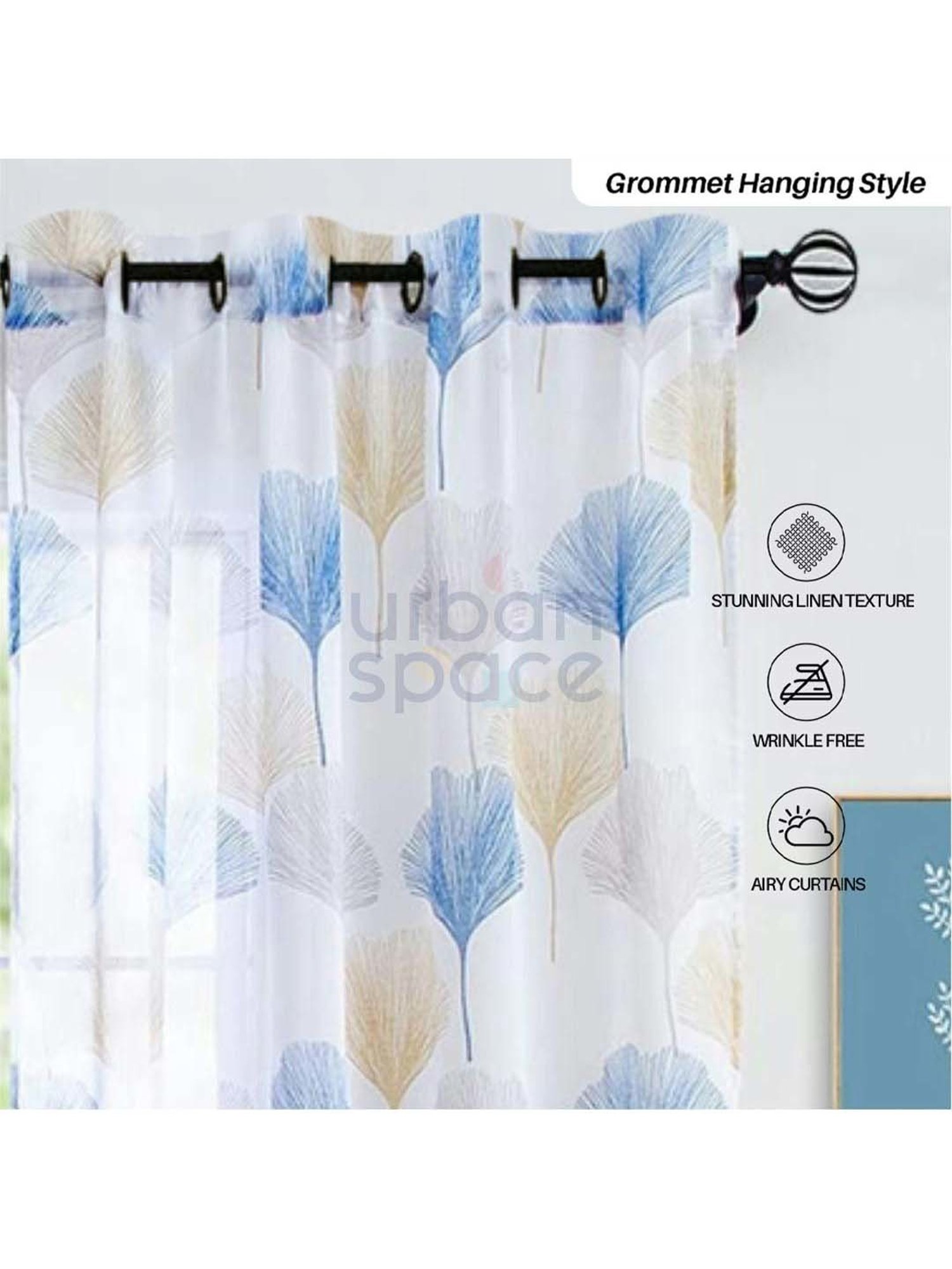 Urban Space Multicolor Polyester Window Curtain With Tieback & Eyelet - Set of 2