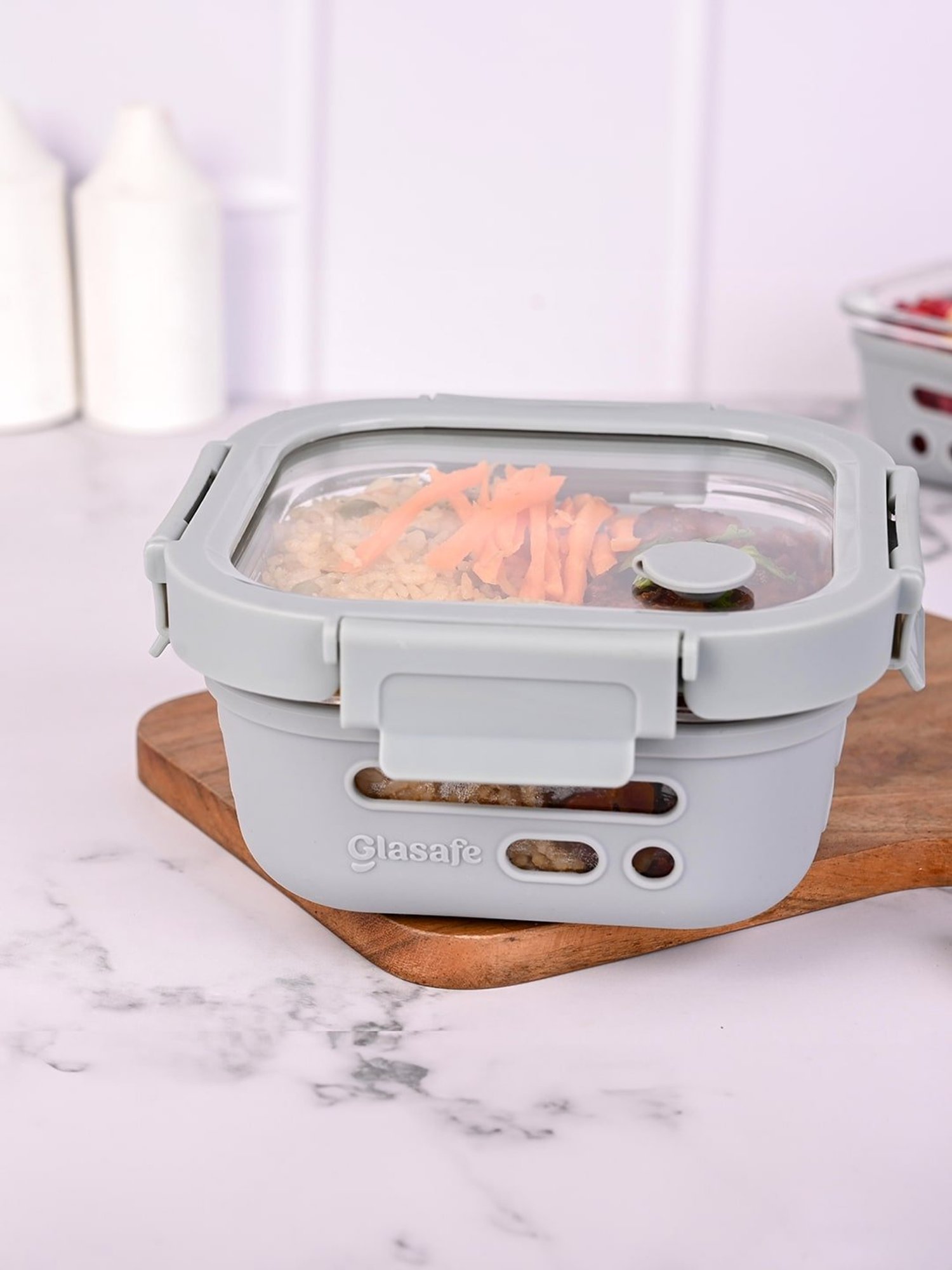 Glasafe Fresh Grip Slate Grey Borosilicate Tiffin with Protective Silicone Sleeve (320ml)