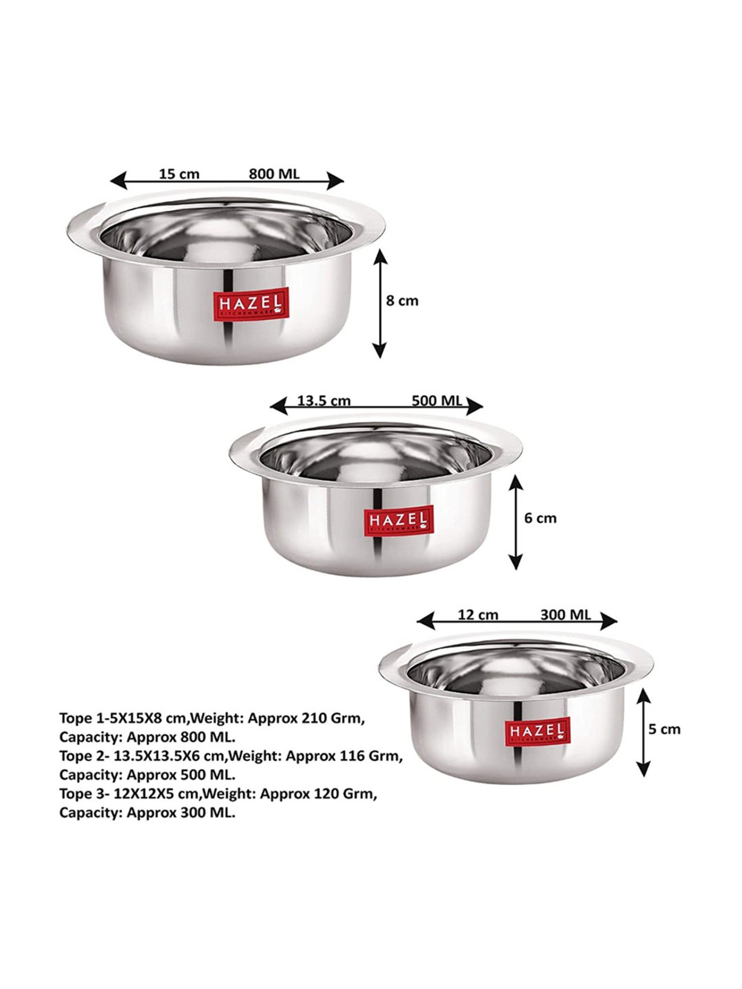 HAZEL Mini Round Bottom Silver Stainless Steel Tope or Patila (Set of 3)
