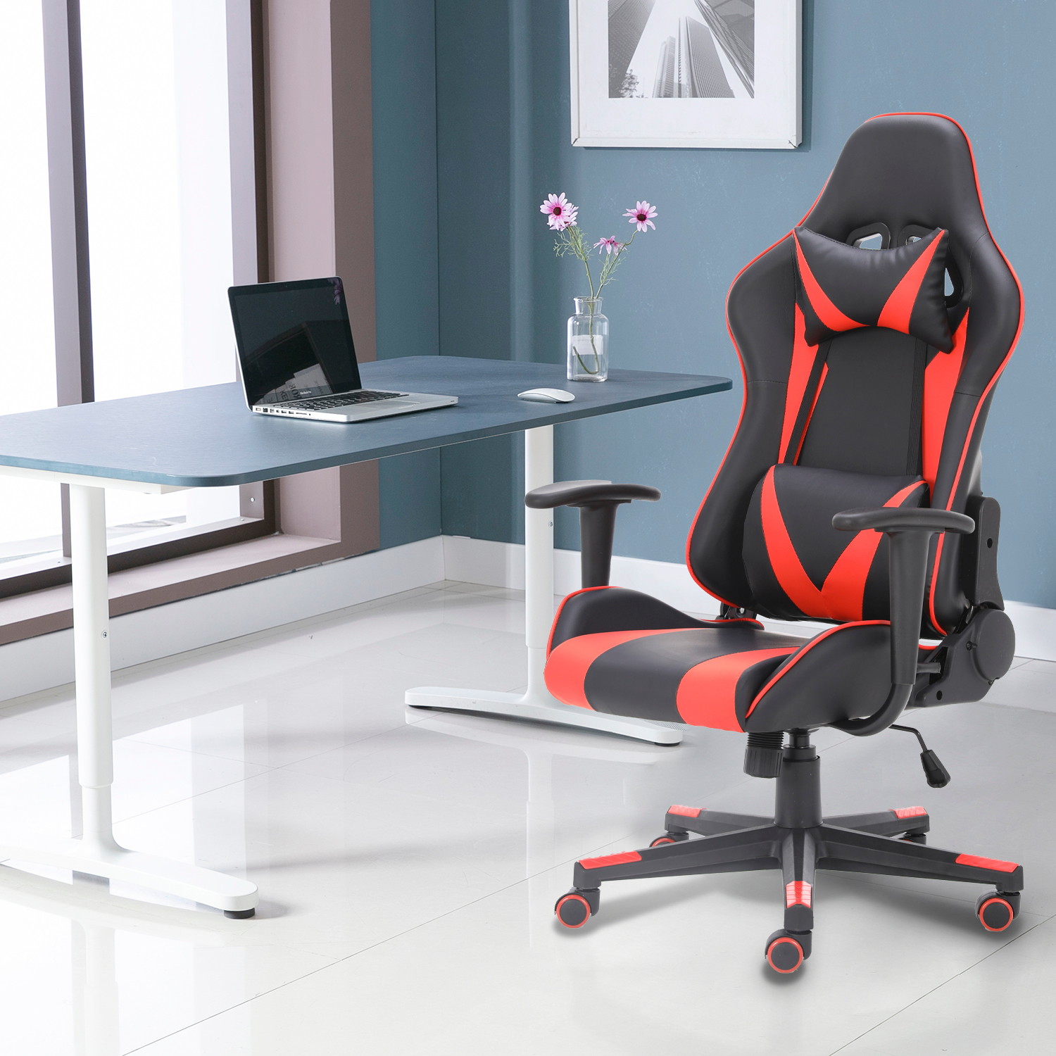 Racing Style Ergonomic Computer Gaming Chair Massage Chair with High-Back Swivel PU Leather, Seat Height Adjustable, and Lumbar & Head Support