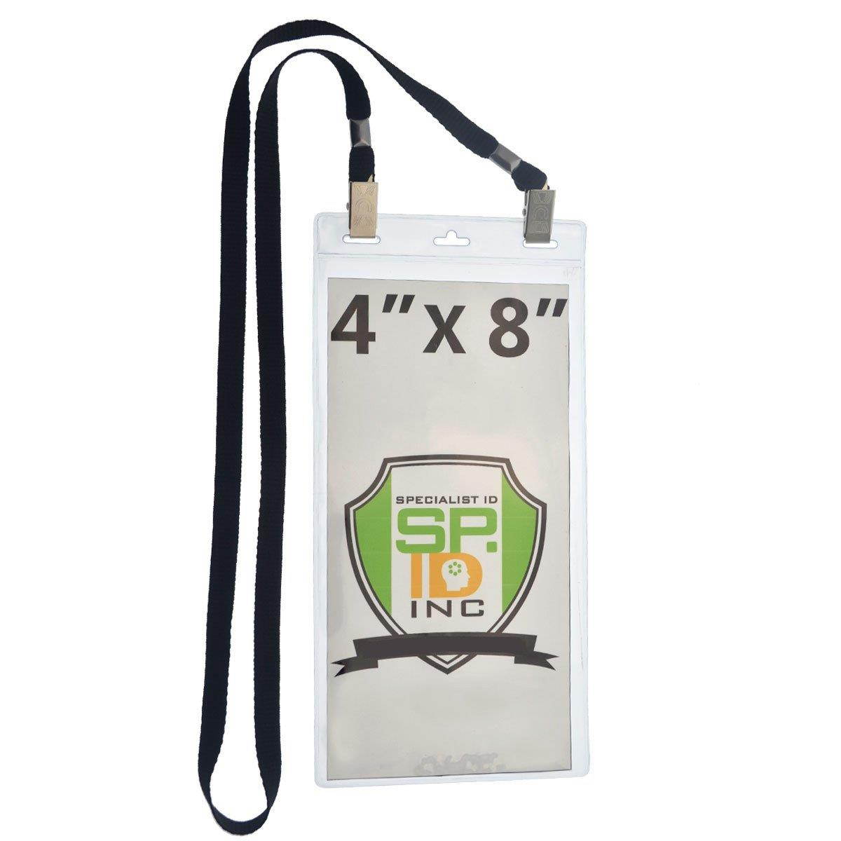 5 Pack - Extra Large 4 x 8 Inch Ticket & Event Credential Badge Holders with Double Sided Lanyards with Two Bulldog Clips, by Specialist ID (Black)