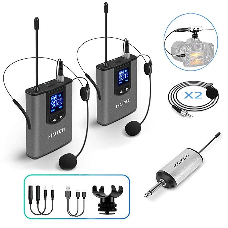 Wireless System with Dual Headset Microphones/Lavalier Lapel Mics and Bodypack Transmitters and One Mini Rechargeable Receiver 1/4" Output, for Live Performances